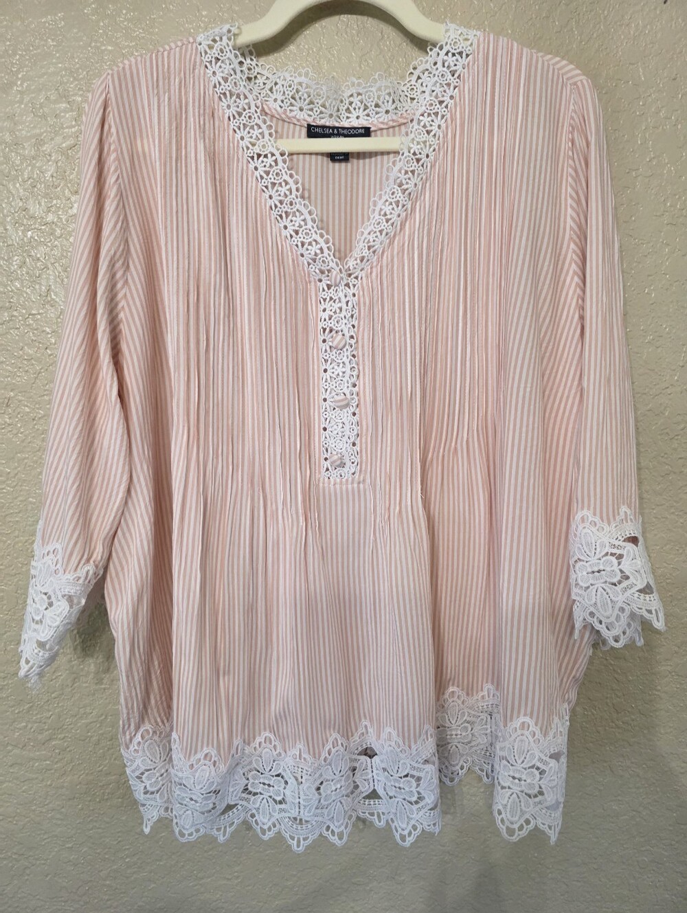 Chelsea & Theodore Blush Pink Striped Tunic with White Lace Trim